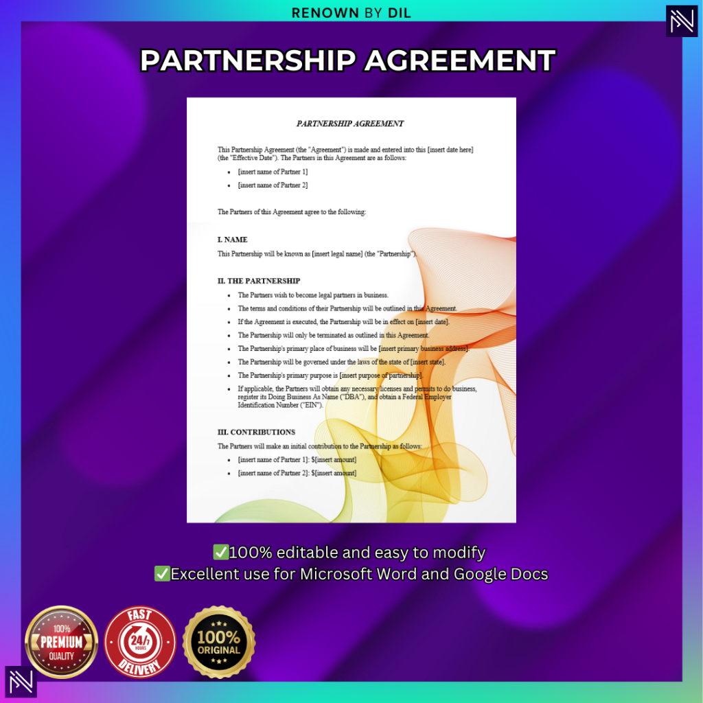 Partnership Agreement | Kontrak Rakan Perkongsian | Legal Document Template Surat Perjanjian