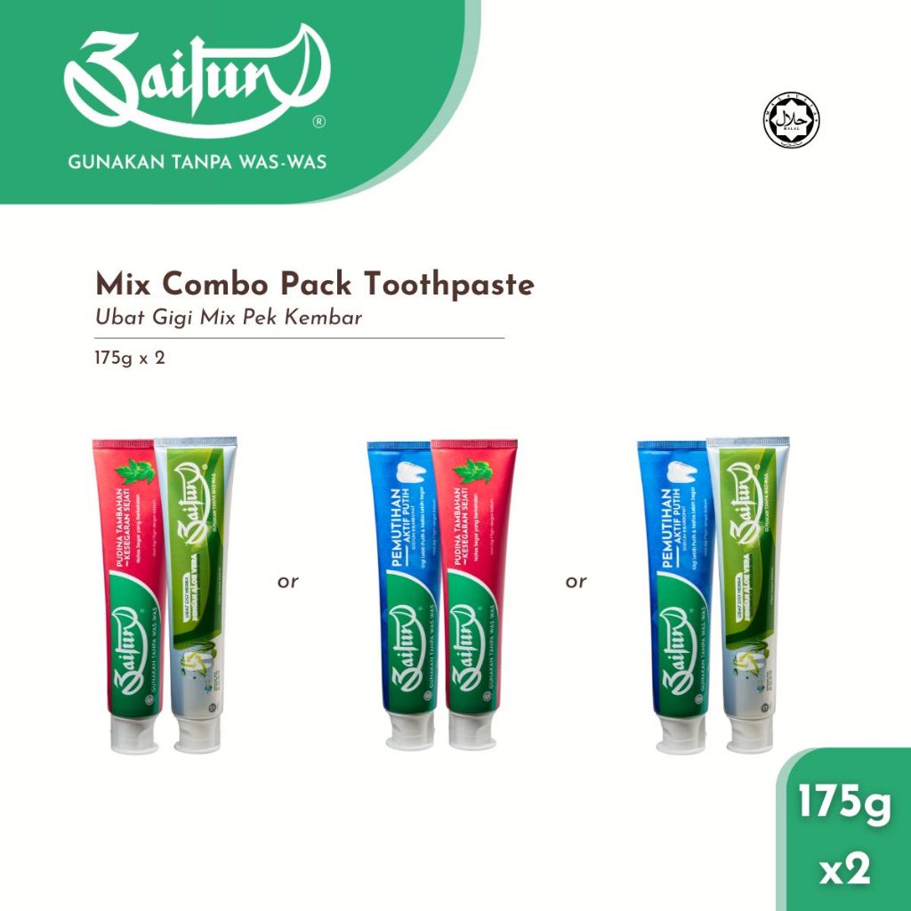 Zaitun Mix Combo Toothpaste Set (175g x 2) - Extra Mint / Whitening / Aloe Vera