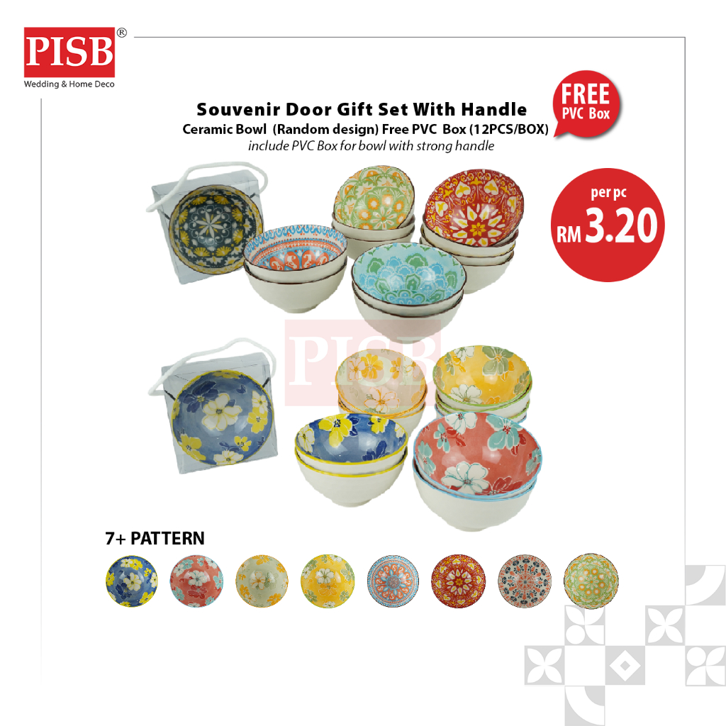 2140/41 12PCS Flower Motif Design Bohemia Turkish Ceramic Bowl With PVC Handle Box/Set Wedding Doorgift Mangkuk Seramik