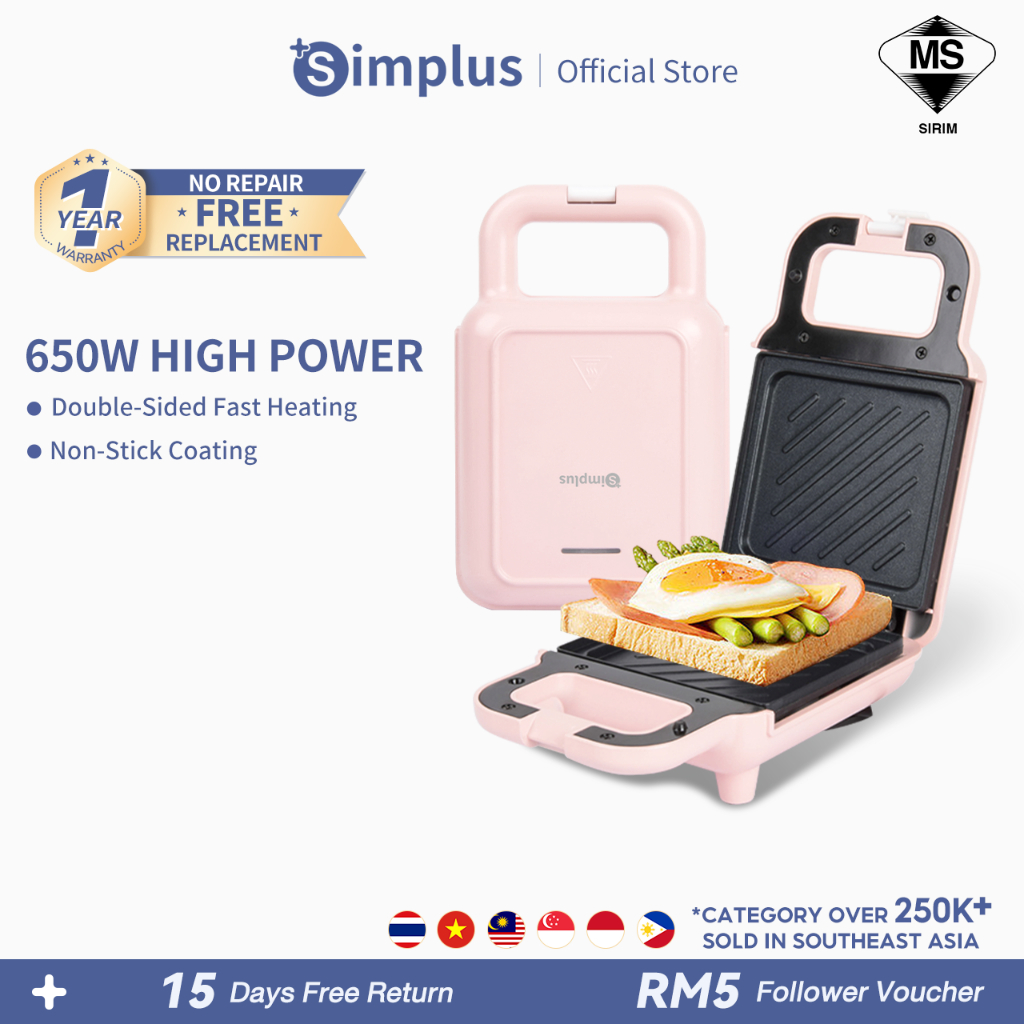 Simplus Sandwich Maker Breakfast Toast Maker 650W Overheat Protection Non Stick Coating Anti-Skid Bottom Mesin Sandwic