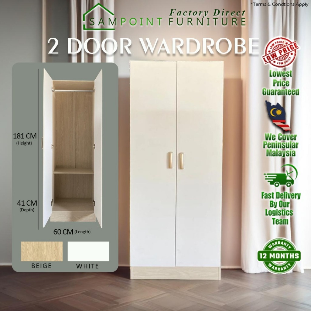 SELF ASSEMBLYSamPoint 2 Door Wardrobe | Almari Pakaian 3 Pintu | almari murah | Kabinet Baju | Perabot murah Furniture