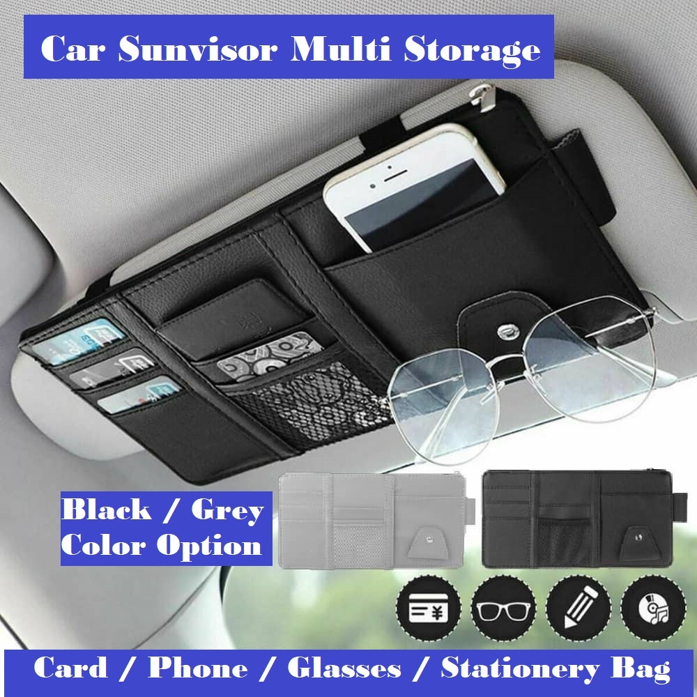 Car Sun Visor Organizer Bag Storage Card Glasses Clip Phone Holder Pocket Zipper Hook Hanger Kereta