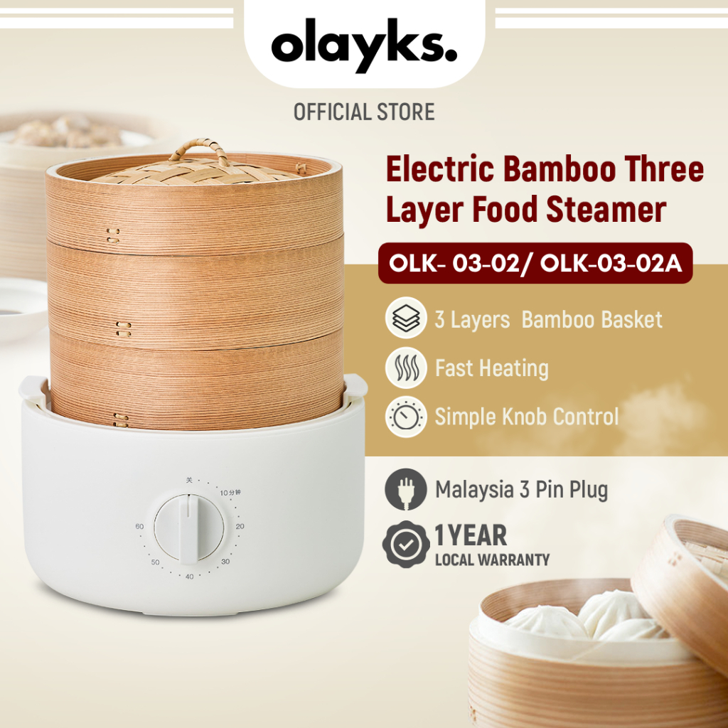 Olayks Electric Food Steamer 3 Layers Natural Bamboo Steamer Pau Dimsum Steamer Bamboo Periuk Kukus Elektrik 竹蒸笼 电蒸锅包子点心