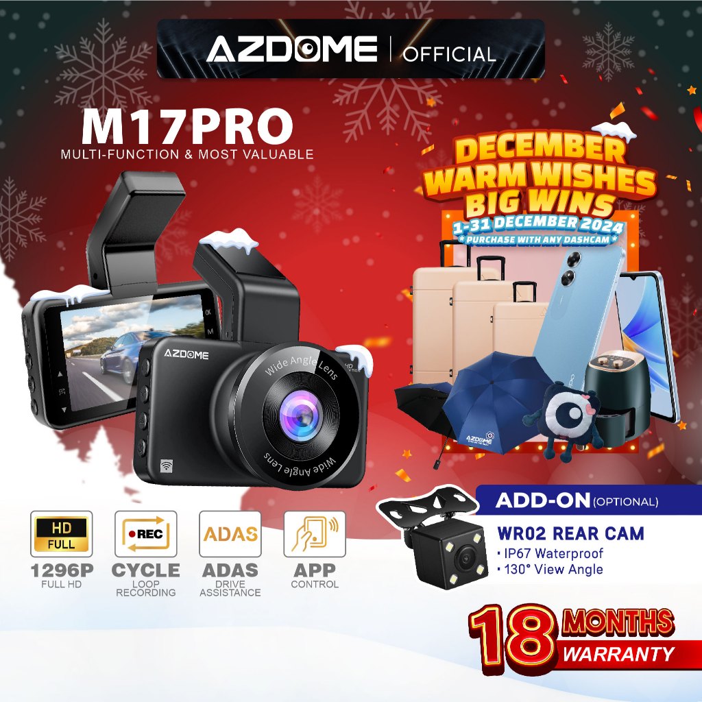 Azdome M17PRO 1296P Full HD Dual Channel Front & Rear Dash Cam Night Vision App Control Car Camera Driving Recorder