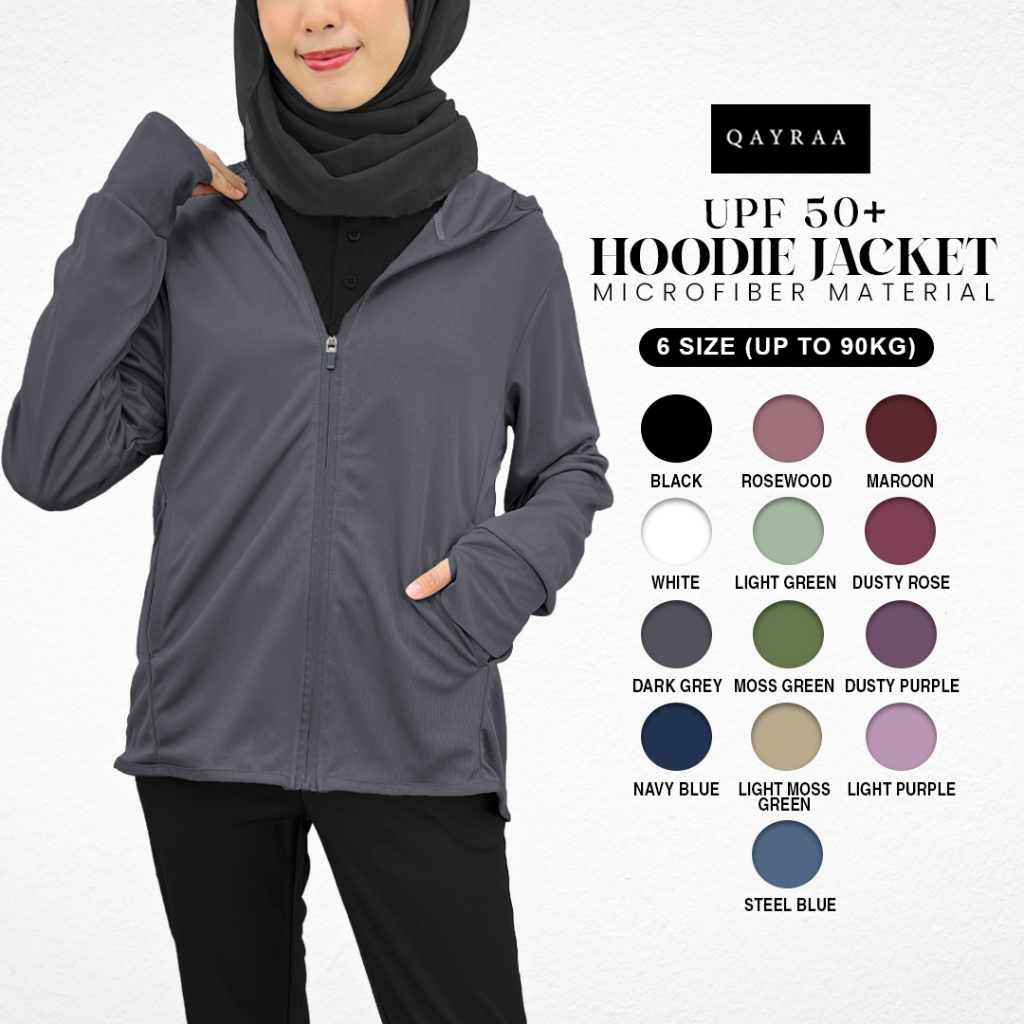 QAYRAA UPF50+ Cap Jacket Jogging Jacket Sport Anti-UV Hoodie /Size S-3XL/Black/Blue/Maroon/Grey/DustyRose/Green/Purple