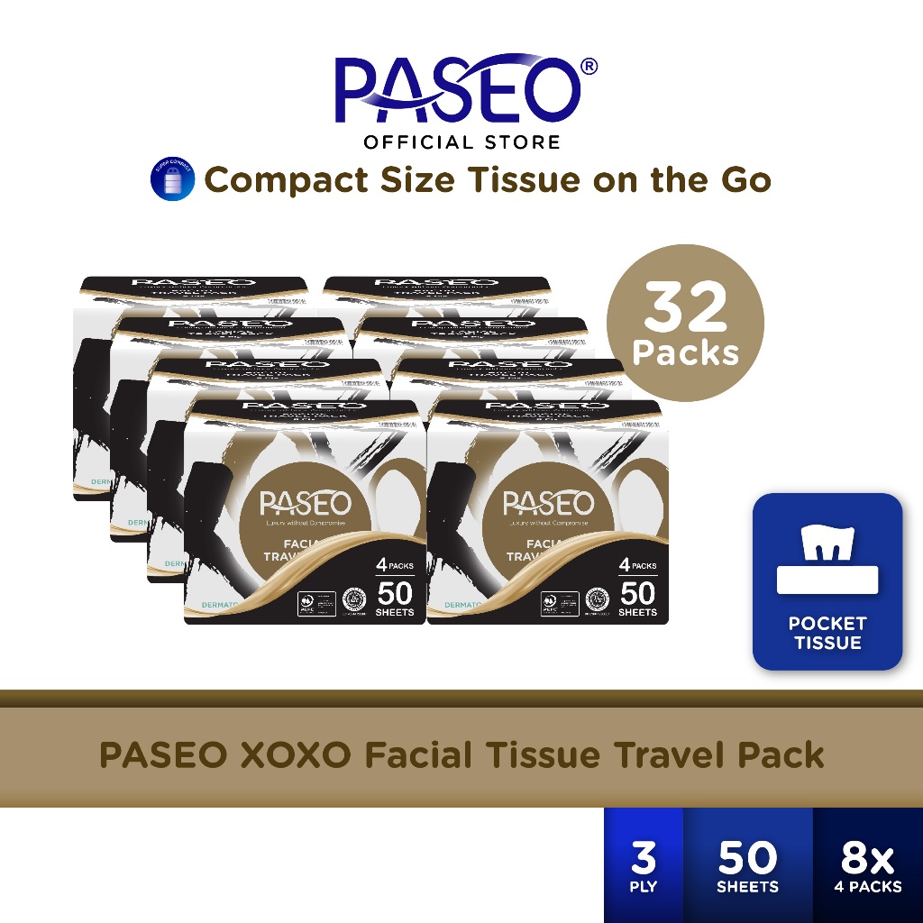 [Bundle of 8] Paseo XOXO Facial Tissue Travel Pack 50 Sheets x 4 Packs x 8 Bundles