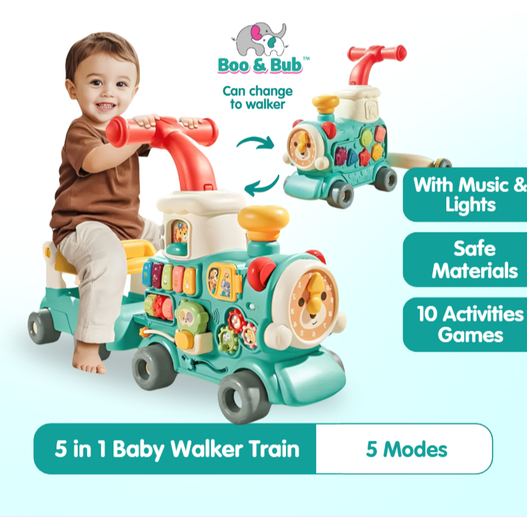Boo&Bub 5 in1 Baby Walker Train Ultimate Baby Walker Stand-to-Sit Trolley High Quality Kids Gift For Toddler Learn