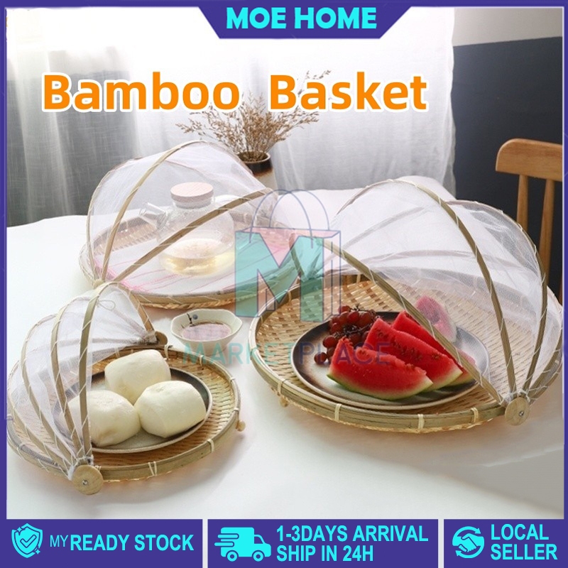 Hand-Woven Bamboo Food Basket with Cover Bamboo Food Cover Serving Dustproof Picnic Basket Vegetable Fruits Bread 食物罩
