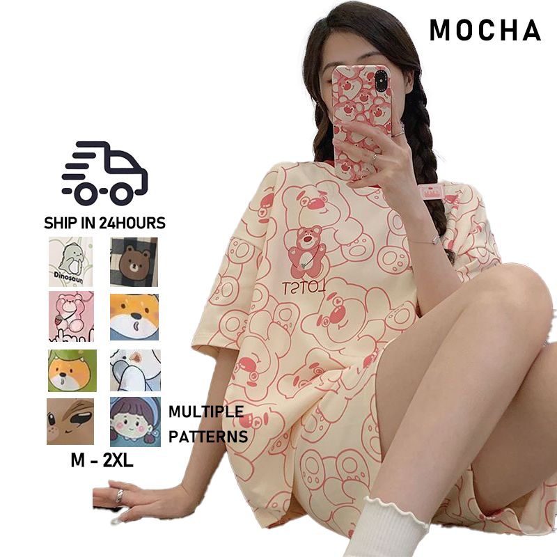 MOCHA Milk Silk Cotton Pajamas Set Short Sleeve Cute Sleepwear Nightwear Baju Tidur Silk Licin ST326
