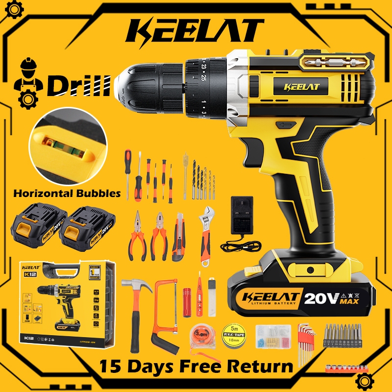 KEELAT Cordless Drill Driver Kit Hand Drill 2 Speed Screwdriver 12V/18V/20V Power Drill Impact Drill Battery Drill Bits