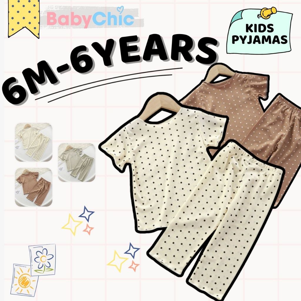 Kids Pajamas Set Polka Dot Baju Tidur Budak Baby Lengan Pendek Cotton Sleepwear 6 Months - 6 Years