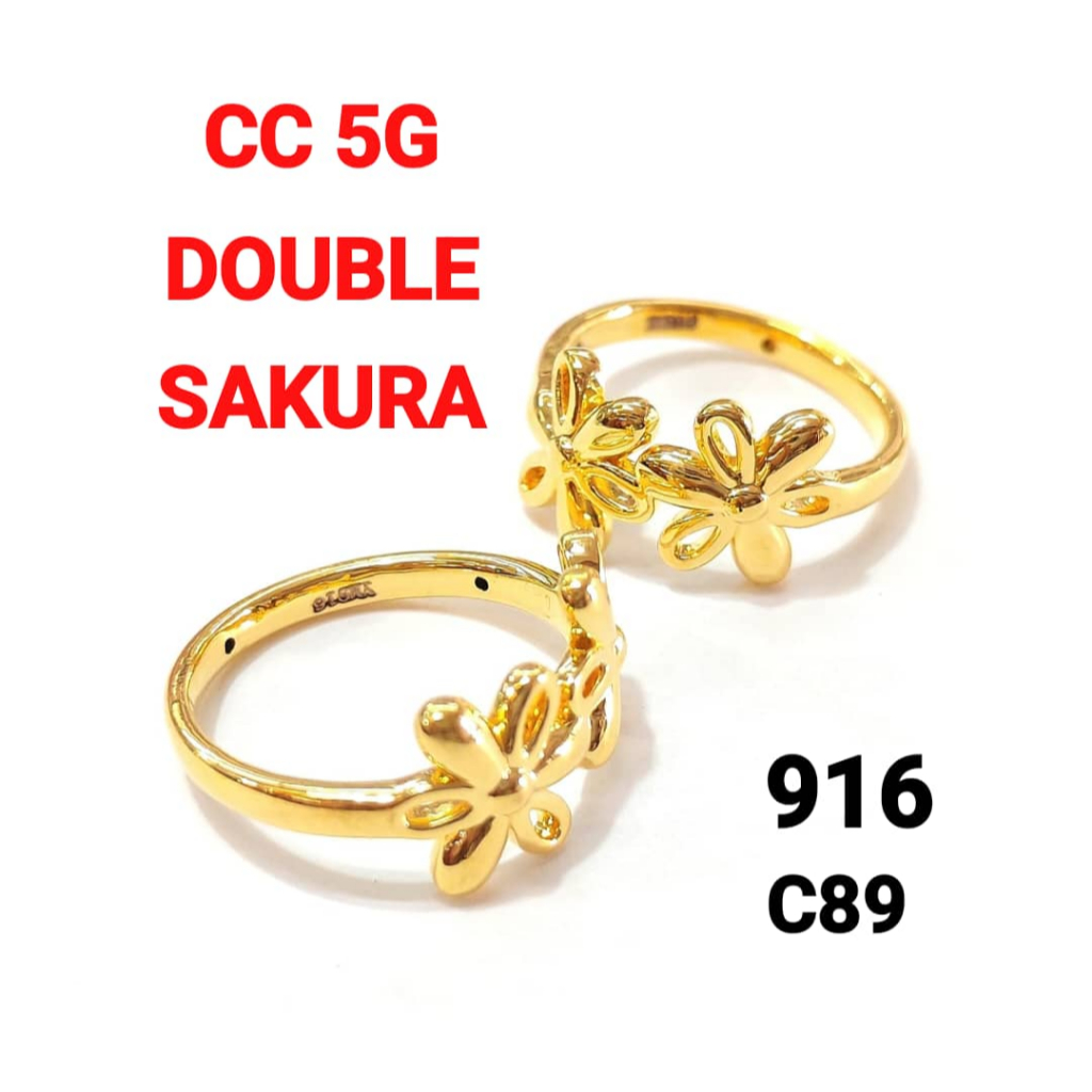 Wing Sing 5G 916 Emas Cincin Bunga Double / 5D 916 Sakura Double Flower Fesyen Ring Limited Edition 916樱花硬金戒指