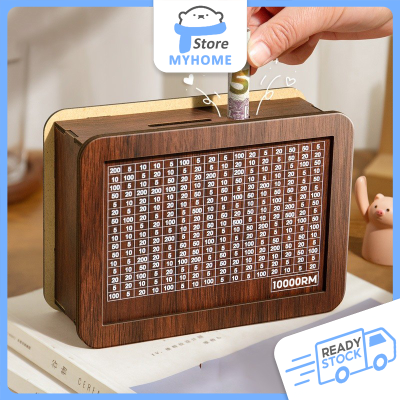 Modern Money Saving Box Wood Money Bank with number on the box Tabung Duit Reusable Money Box Saving Planner, Money Bank