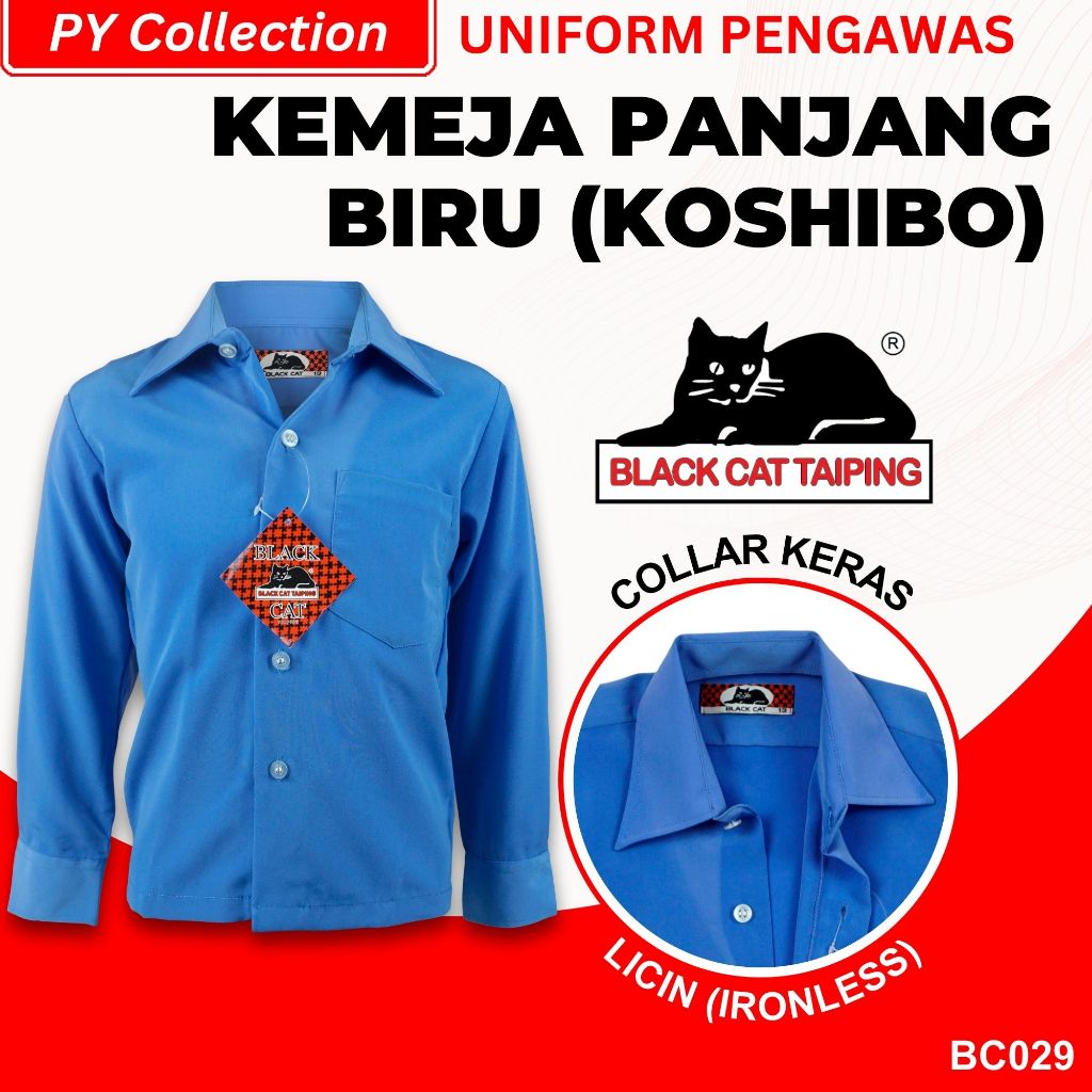 BC029 - KEMEJA PENGAWAS LENGAN PANJANG BIRU KOSHIBO LICIN - BAJU SEKOLAH JENAMA BLACK CAT