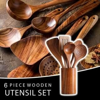 READY STOCK🇲🇾6PCS Kitchen Teak Natural Wood Tableware Ladle Turner Soup Skimmer Cooking Spoon Scoop Spatula Senduk Dapur