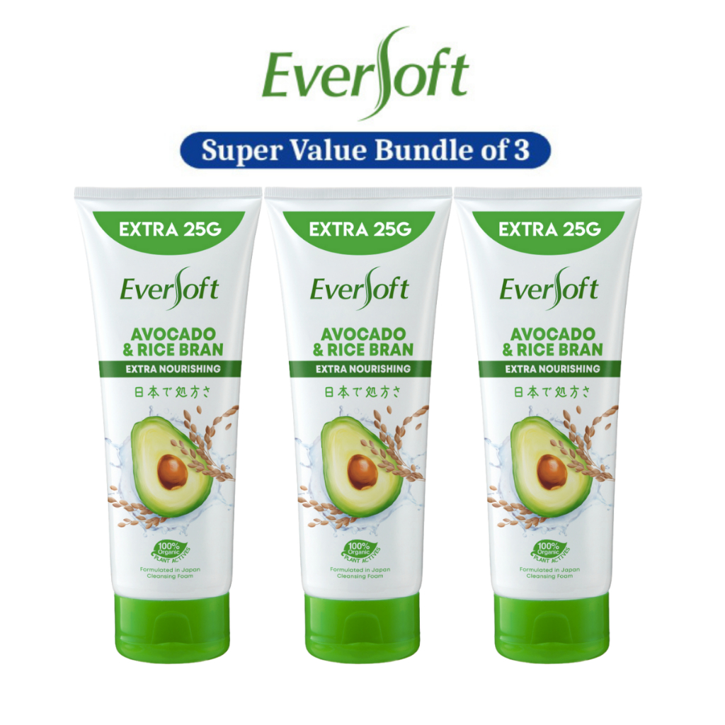 [Bundle of 3] Eversoft Avocado Cleanser Foam 195g | Skincare | Organic Plant Actives | Cream | Vitamin E | Softens Skin