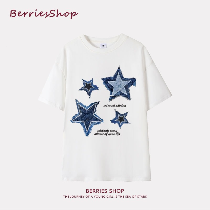 Star Flower Print 100% Cotton Trend Short Sleeve T-Shirt Women's Top Versatile Women's Short T Fashion Vintage