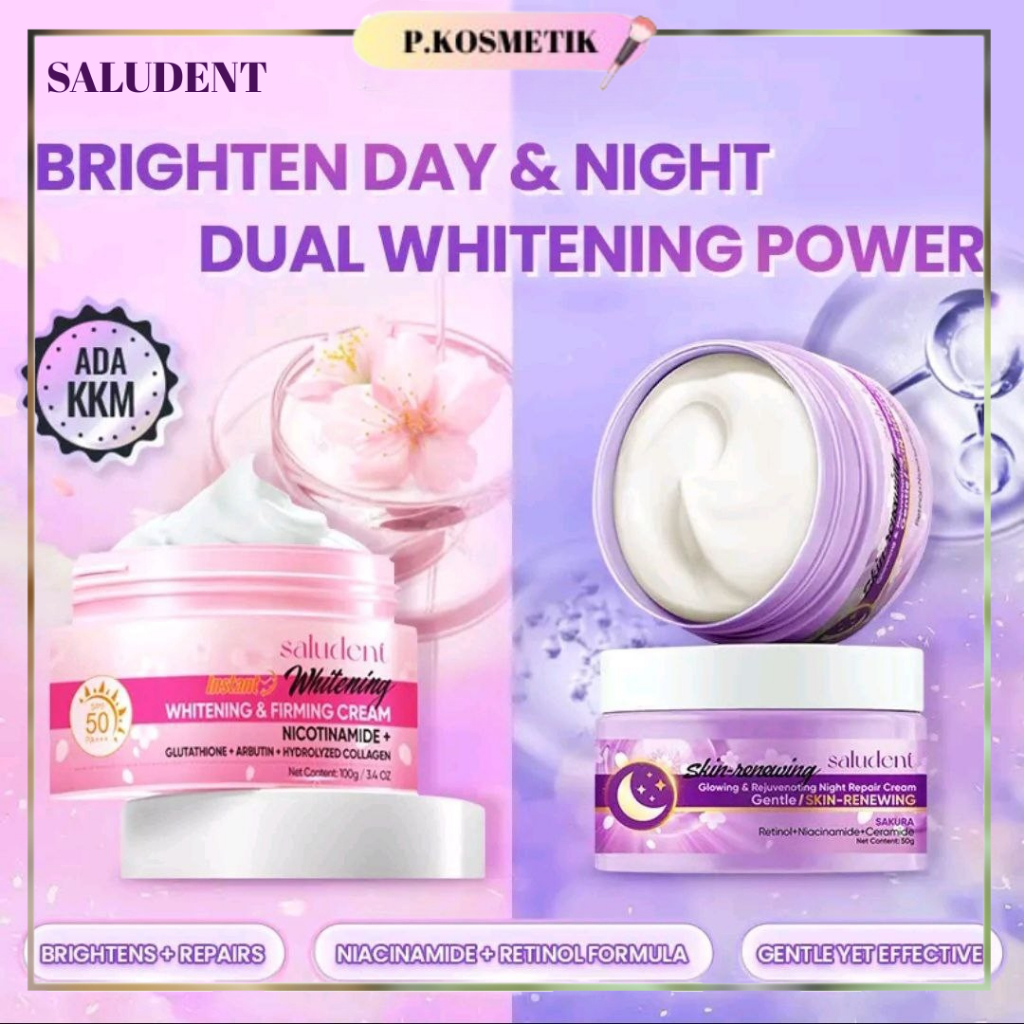 SALUDENT Krim Siang DAN Krim Malam SALUDENT SPF 50 WHITENING CREAM & SAKURA GLOWING NIGHT REPAIR CREAM