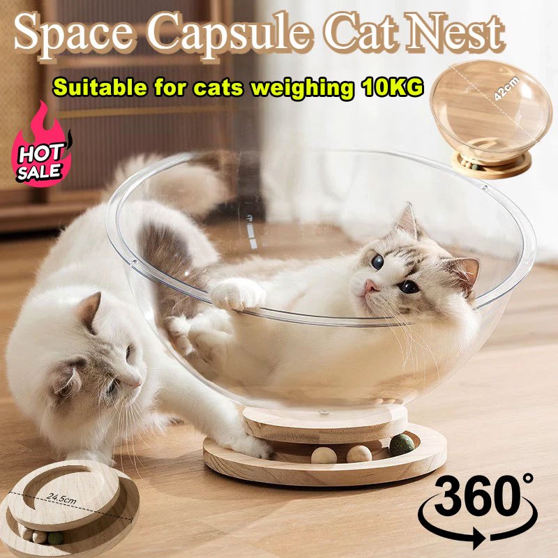 2 In 1 Space Capsule Cat Bed Katil Kucing S/M/L Semi-enclosed Acrylic Cat Dog House Solid Wood Turntable Toy Pet 猫床 猫窝