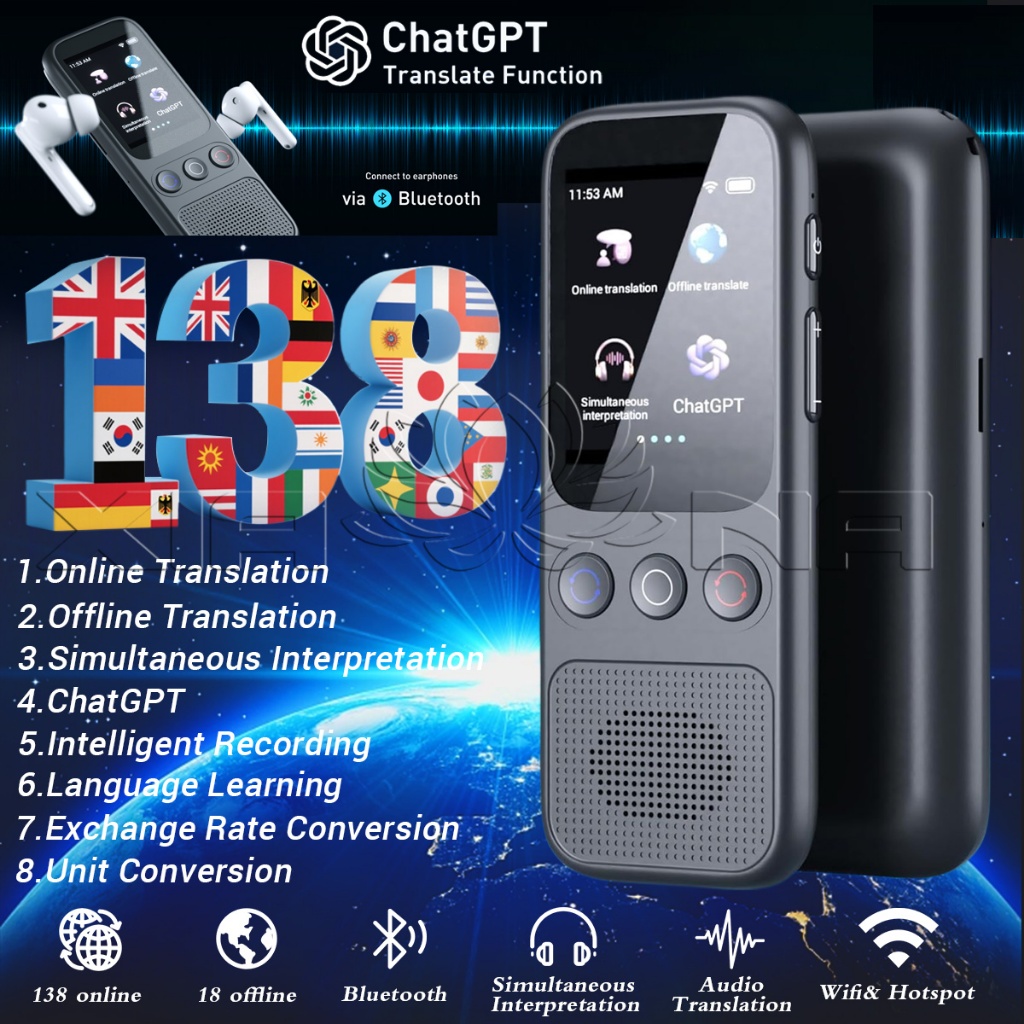Real-Time Language Translator Device with 138Languages Two-Way Voice Translating AI/ChatGPT/Recording/Offline Translator