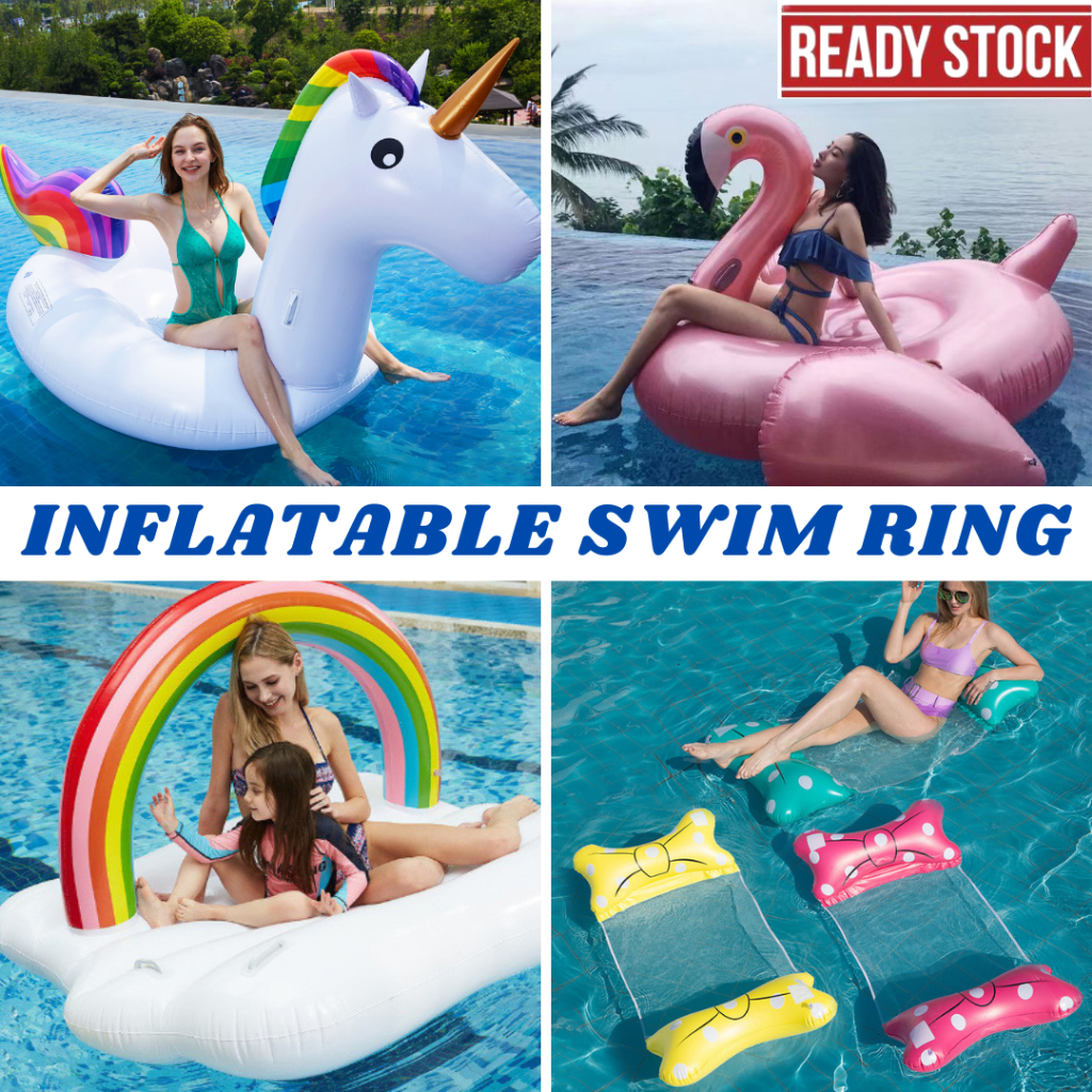 Super Big Inflatable Adult & Kid Swim Ring Floaties Unicorn Flamingo Rainbow Giant Floating Hammock Swimming Seat Bed