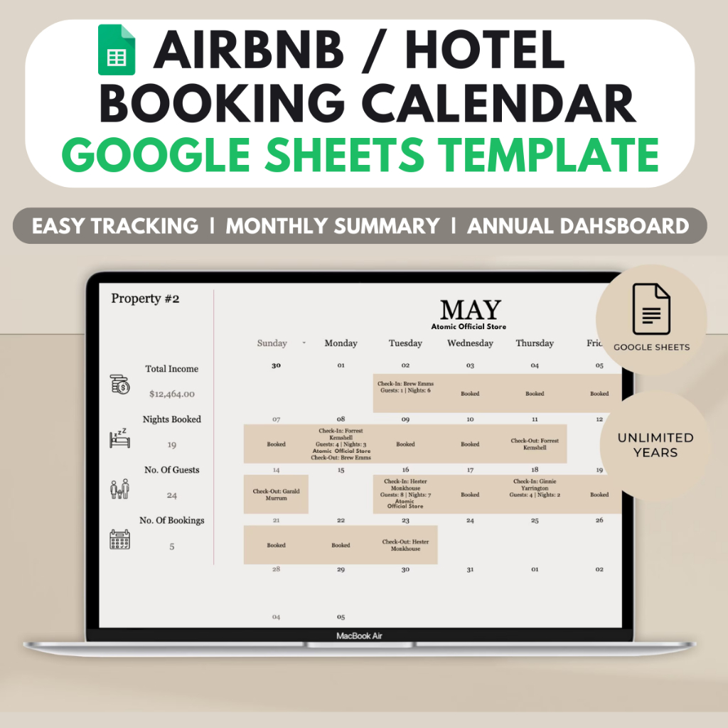 PROMO Airbnb Hotel Booking Calendar Google Sheets Template (Dashboard View) | Rental Property Management & Reservation