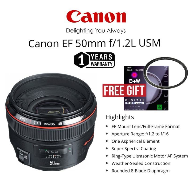 Canon EF 50mm F/1.2L USM Original Len L Lens Ultrasonic (1 years warranty) FULL FRAME FORMAT 50MM F/1.2 50MM EF RF 50mm