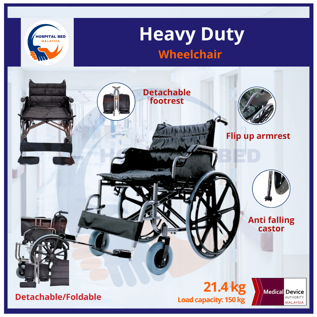 [Same-DayDelivery] Heavy Duty Wheelchair FlipUp Armrest KerusiRoda Untuk Berbadan Besar MDA Approved