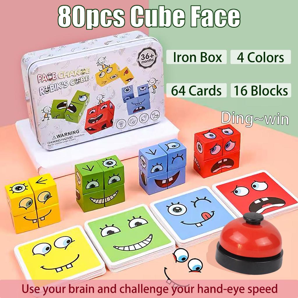 New 80pcs Cube Face Changing Building Blocks Board Game Expression Wooden Puzzle Blocks Educational Toys For Kids Gift