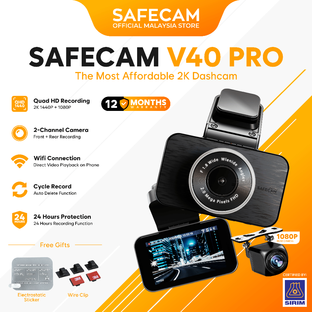 SAFECAM V40 PRO 2K Dual-Channel Dashcam 1440P Front + FHD 1080P Rear Dashcam WIFI App Control 24-H Parking Time Lapse