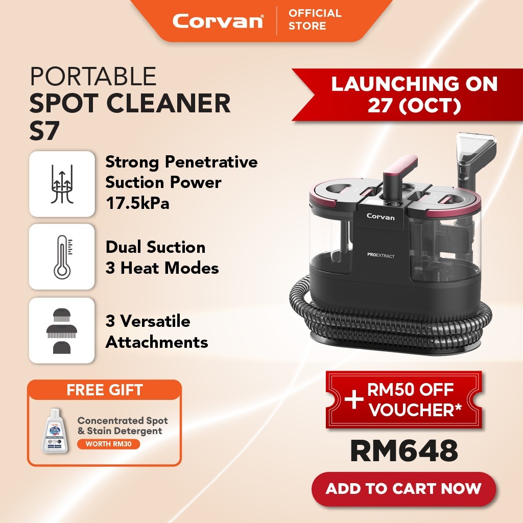 Corvan S7/S6 TurboDry Spot Cleaner: Fabric & Carpet Stain Remover | 5ft Hose | Portable & Lightweight | 1 Year Warranty