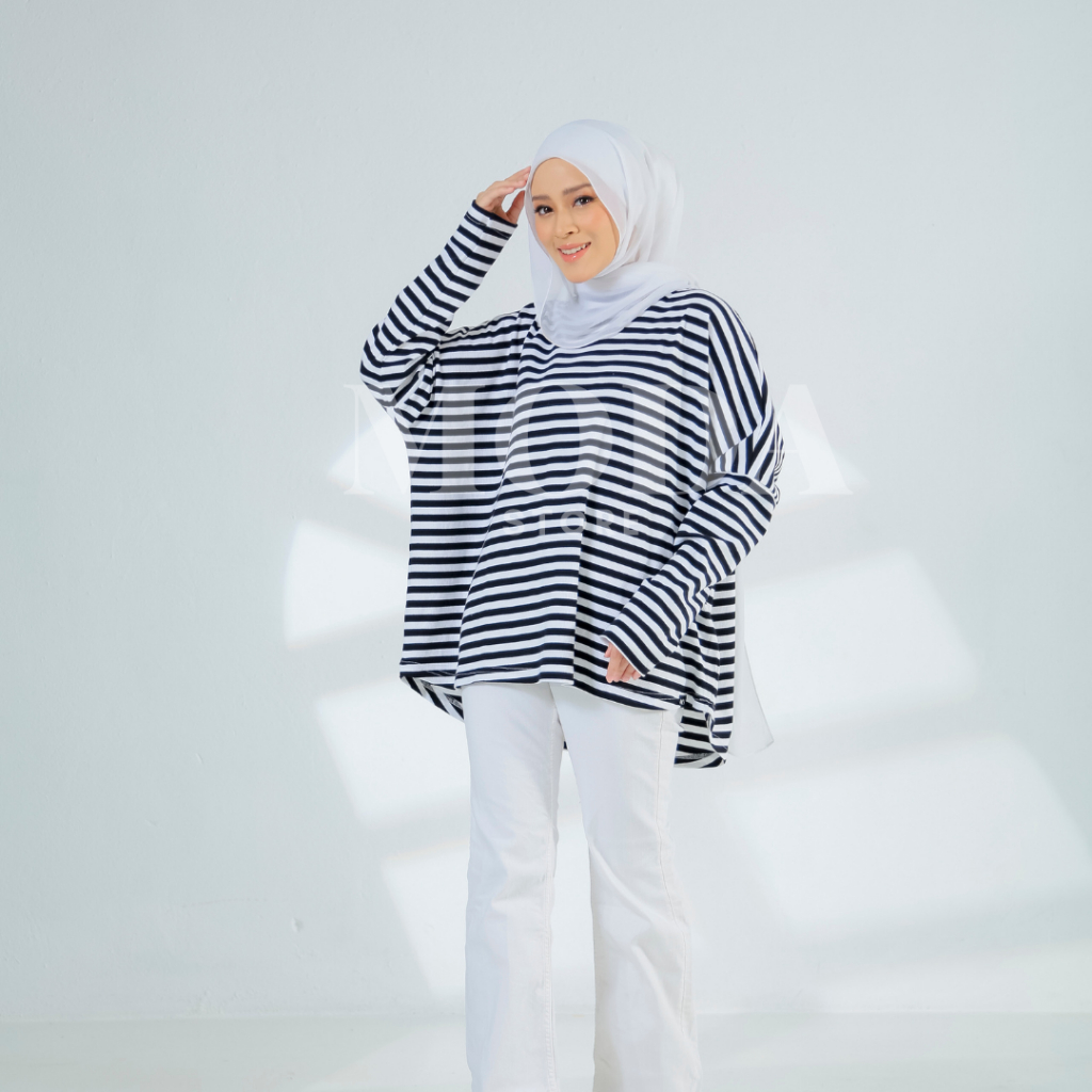 MODA111 NARA Batwing Baggy Striped Ironless Top Cotton Rib Wanita Plus Size Blouse Women