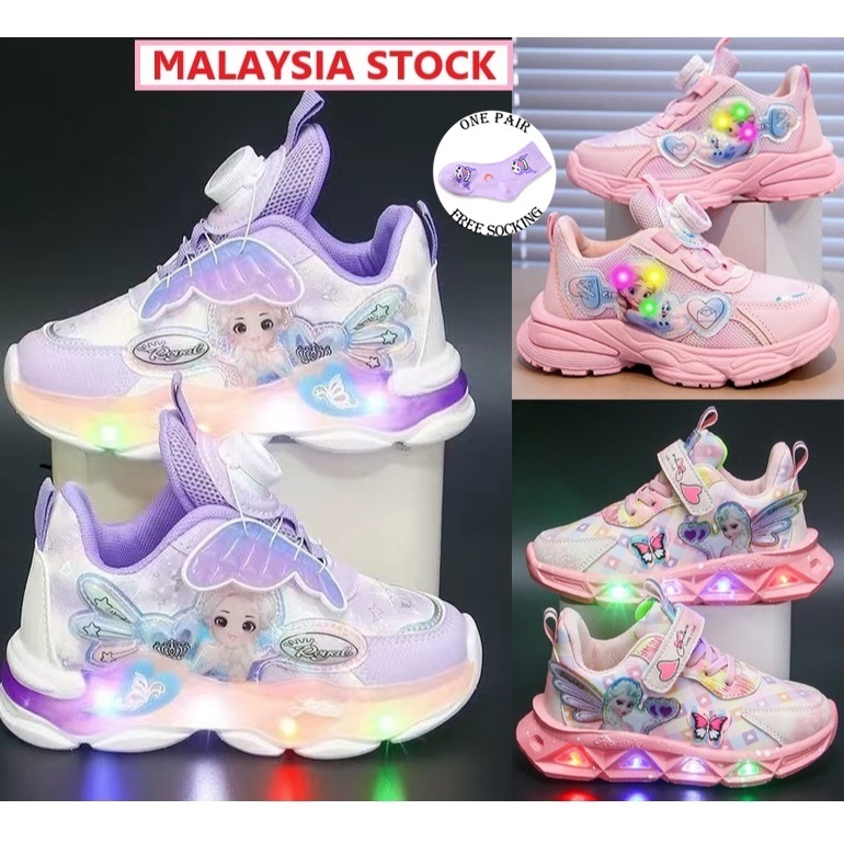 3-9 Age LED Light Sport Shoes Kids Girl Frozen Elsa Budak Sneakers Lampu Kasut Perempuan