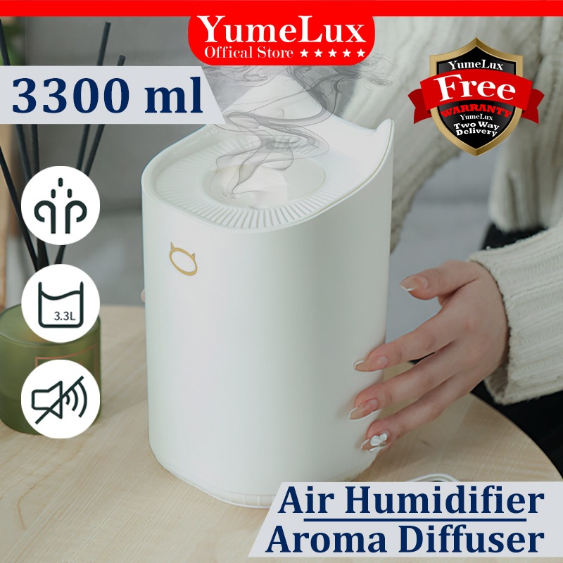 YumeLux Large Air Humidifier 3300ml Dual Mist Spray Aroma Diffuser With Essential Oil Night Lamp Pelembap Udara 空气加湿器