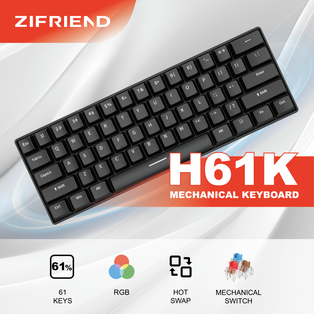ZIFRIEND H61K Mechanical Keyboard 61 keys Small Keyboard Swappable Rainbow Light Gaming