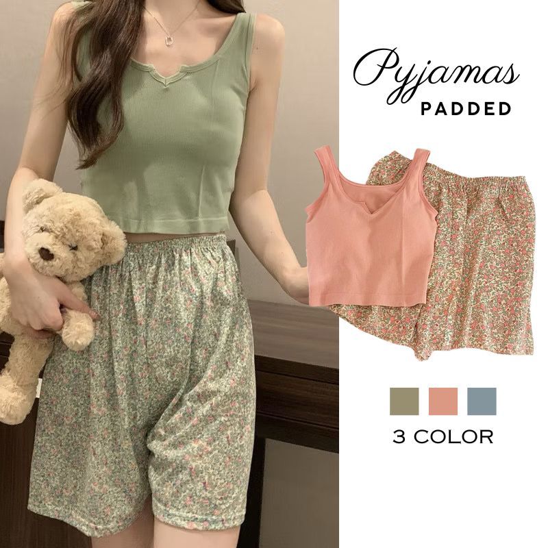 mysteryoffemale Women Padded Singlet Camisole Pants Set Sexy Pajamas Sleepwear Seluar Baju Tido Perempuan PS055 带胸垫家居睡衣