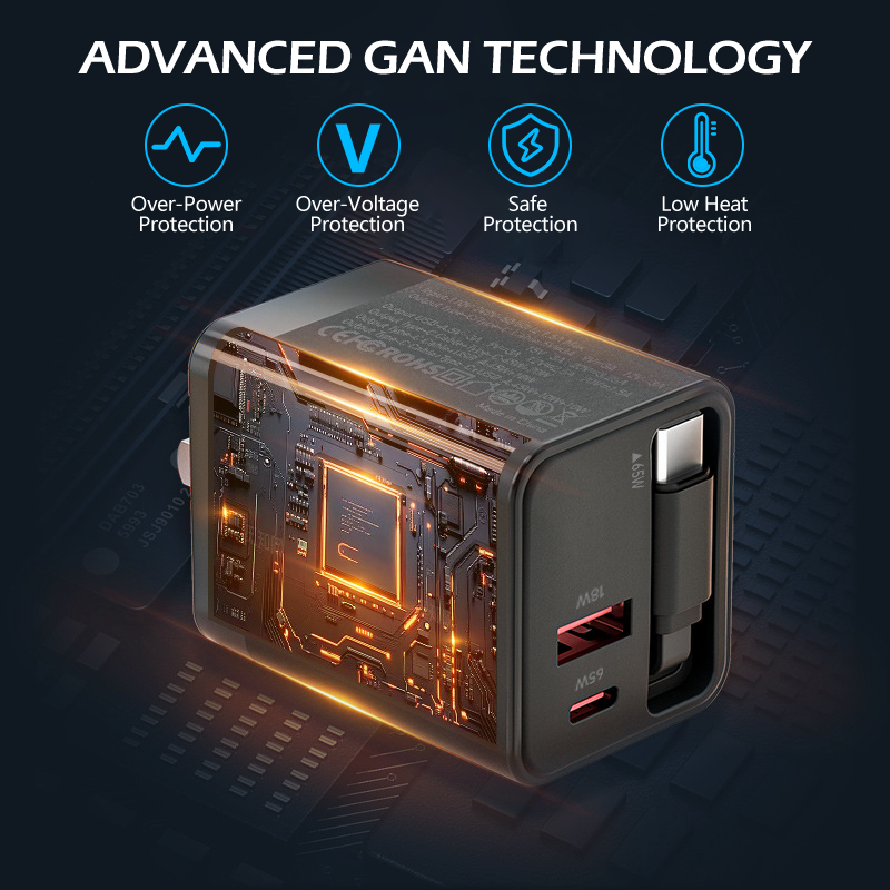 65W GaN Supert Charging Charger 3-in-1 With Built-in Retractable Cable +Type-C + USB A Port Foldable Charger