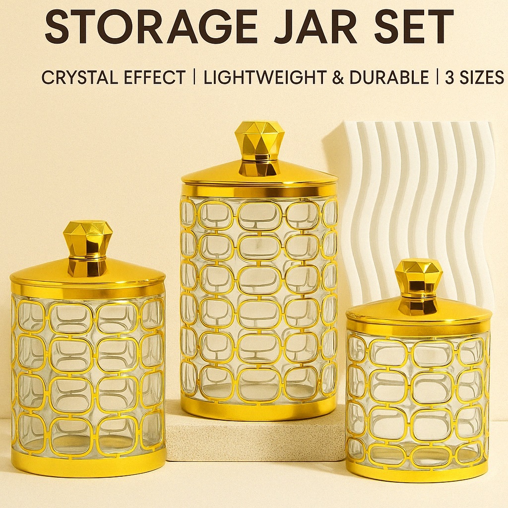 Golden Jar Crystal Look Jar Storage 3Pcs Set - Home Essential Decorative