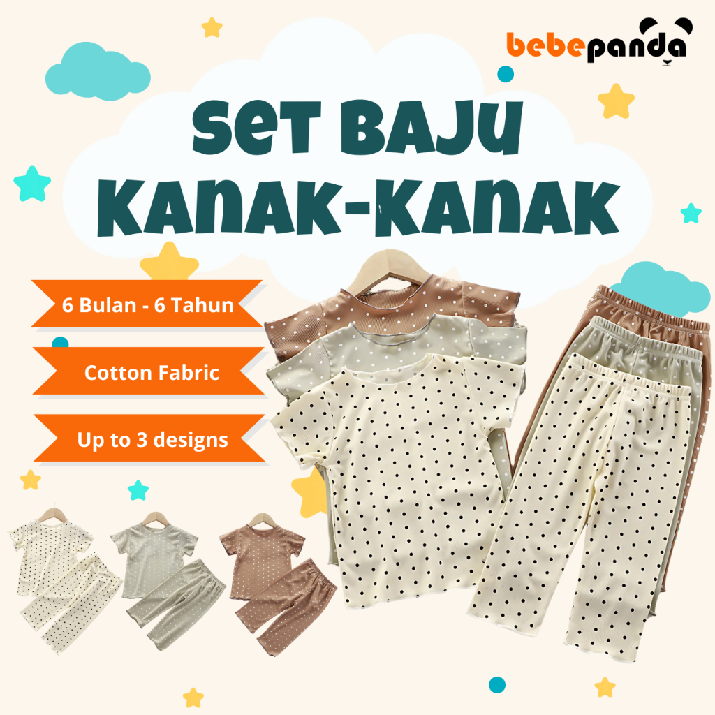 Baju Tidur Set Polka Dot Budak Perempuan Lengan Pendek Set Piyama Cotton Lembut 6 Bulan–6 Tahun