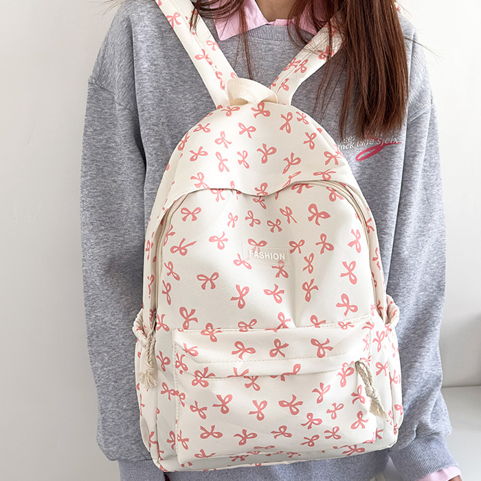 Girls' bow printed nylon backpack with accessories, large capacity, versatile student school bag, high quality, durable