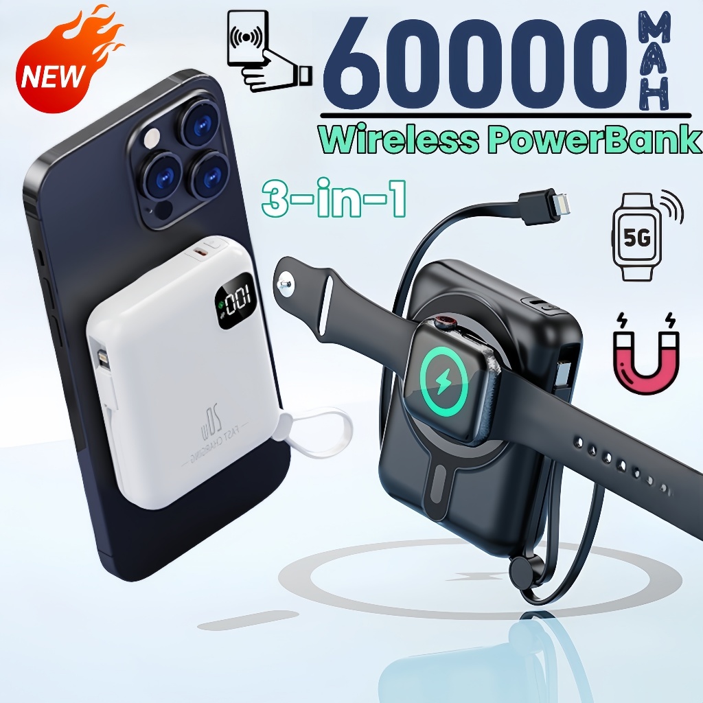 Wireless powerbank 60000mah 3 in1 magnetic power bank with built 2 cable powerbank fast charging use for phone /watch