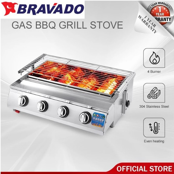 BEST OFFERBRAVADO Stainless Steel Commercial Gas BBQ Grill Stove 4/6 BURNER Kambing Satey Otak Otak Pemanggang GAS LPG