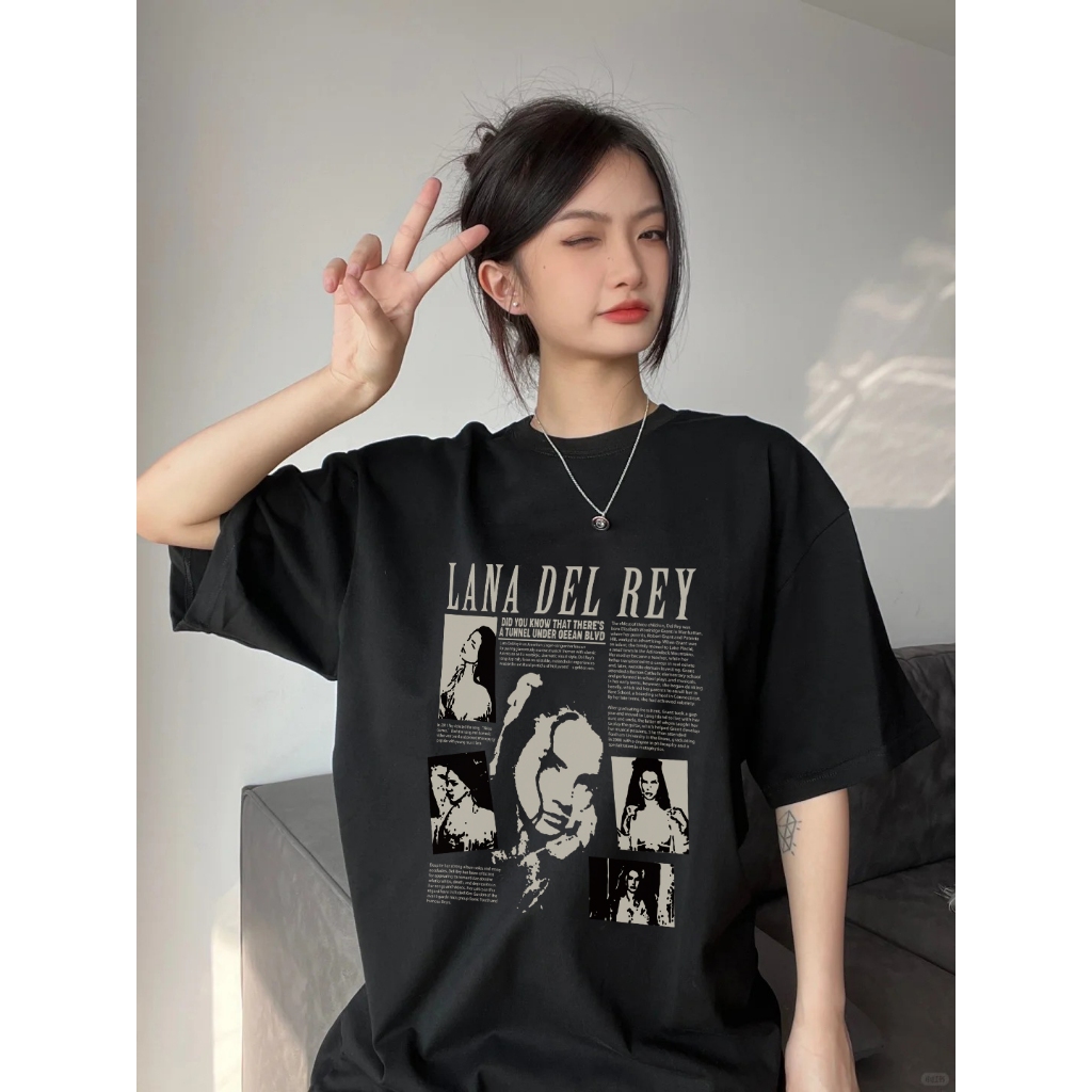 Black loose 100% cotton top with retro band print oversized women's short sleeved T-shirt top