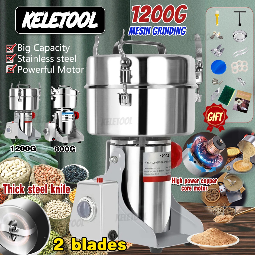 Pengisar kering 2 blades 磨粉机 heavy duty grindergrinder Coffee Mill Flour Machine1200g Dry Food Powder Spice Grinder