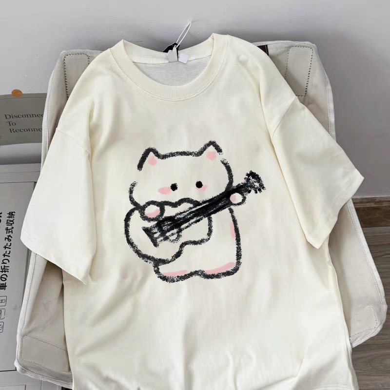 Korean style women clothing | Oversized Crew Neck T-shirt 100% cotton | CAT print  stylish casual tops y2k