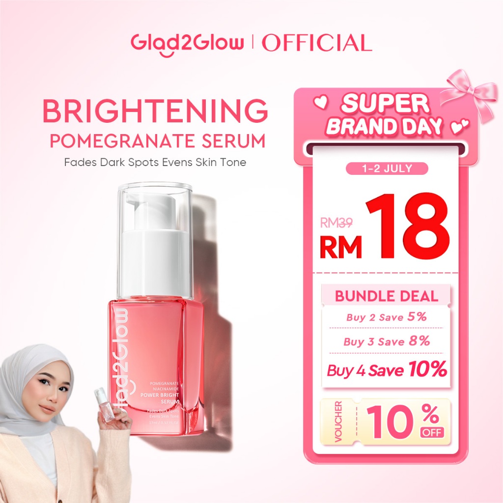 Glad2Glow Pomegranate Niacinamide Power Whitening muka glowing Wajah Brightening Serum 17ml Evens skin Tone skincare