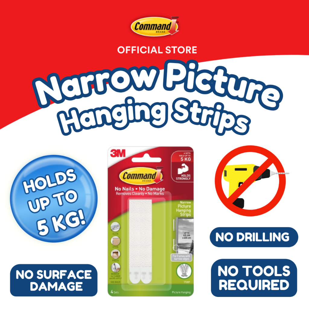 3M™ Command™ Narrow Picture Hanging Strips, 17207, Holds Up to 5.4kg, 4 pcs/pack, For hanging picture frames