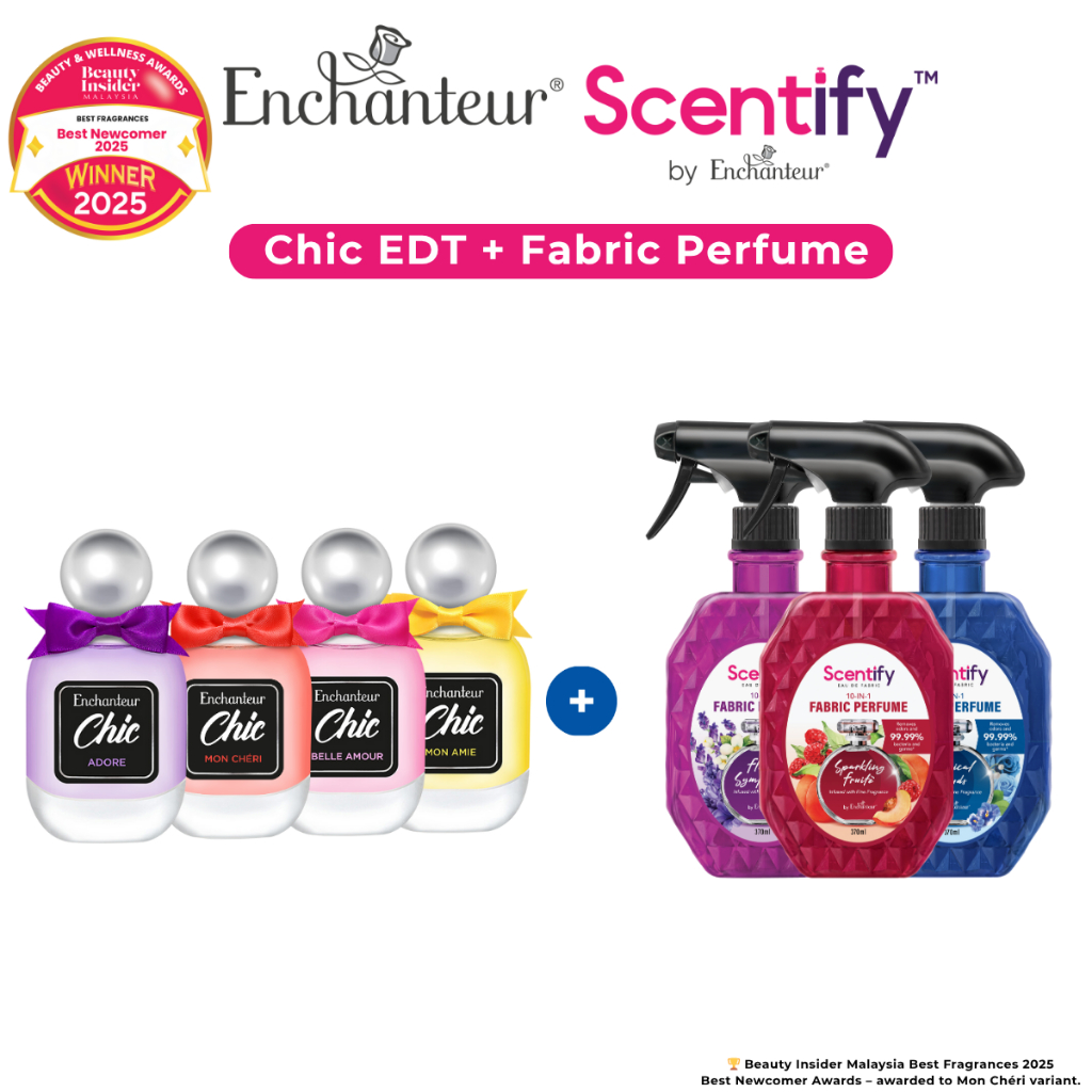 Enchanteur Chic EDT + Scentify Eau De Fabric Perfume Bottle 370ml Sparkling Fruite Magical Clouds Floral Symphony