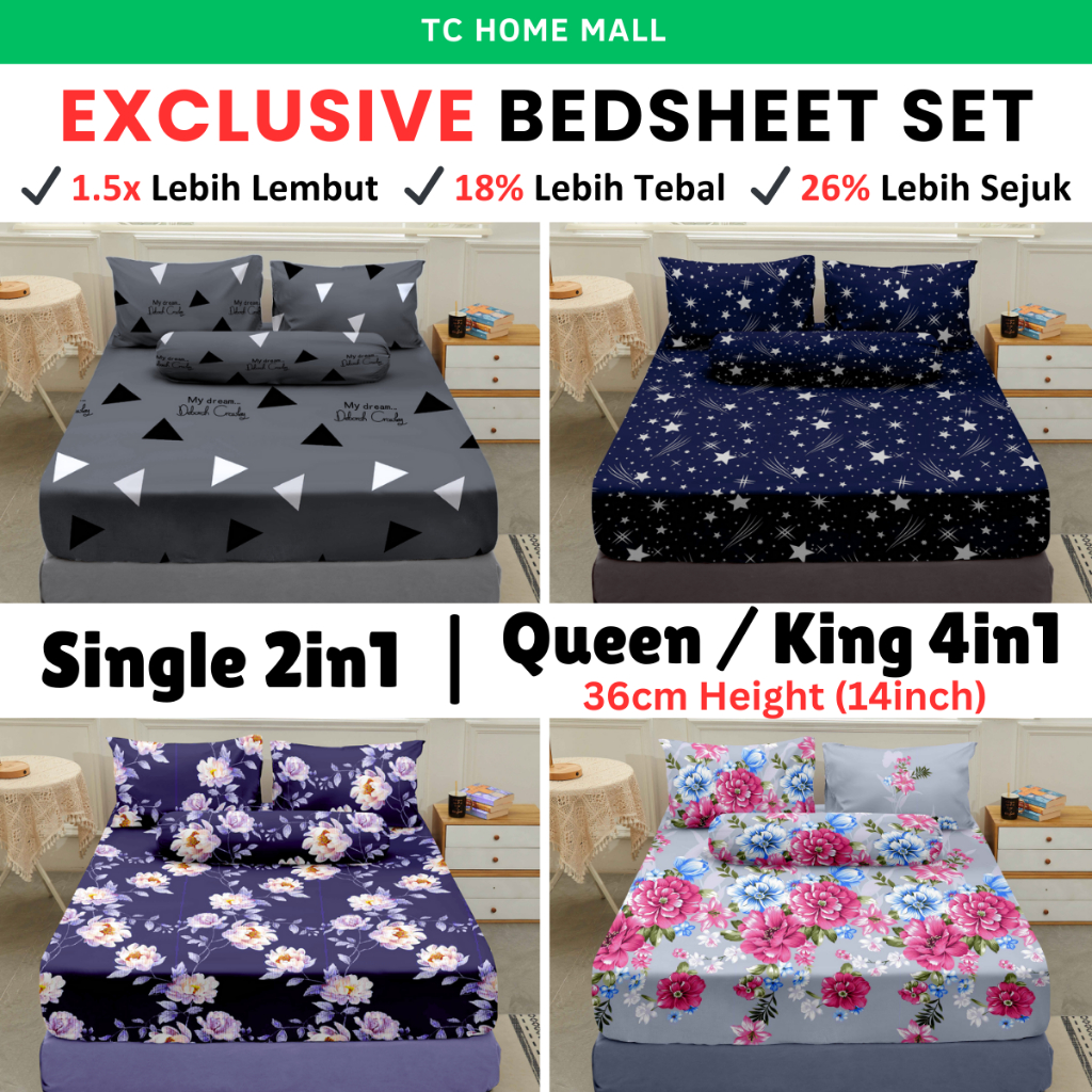 Cadar Single 2 in 1 Cadar Queen Getah Keliling 4 in 1 Sarung Tilam Single Cadar Murah King Size Fitted Bedsheet Cotton