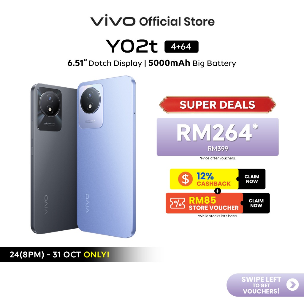 New Arrival vivo Y02T 4+4GB EXTENDED RAM + 64GB/128GB ROM 5000mAh Large Battery 6.51″ HD+ Eye Protection Screen